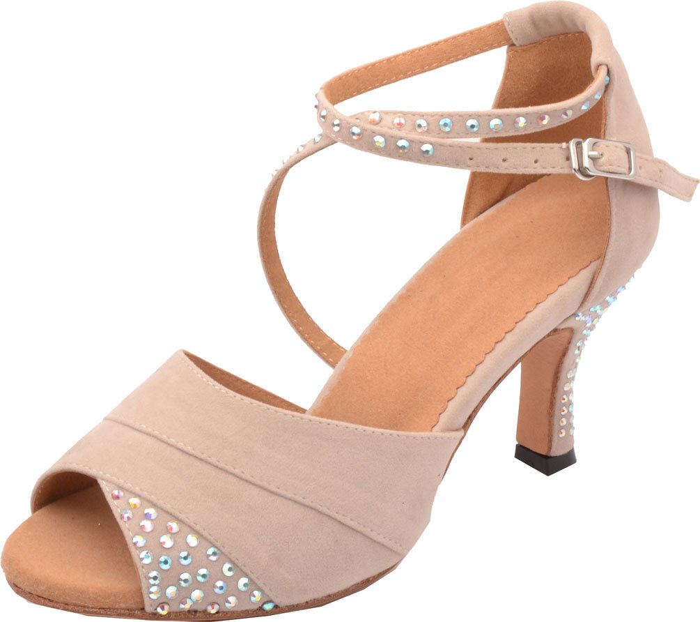 nude suede rhinestone latin dance shoes peep toe ankle strap