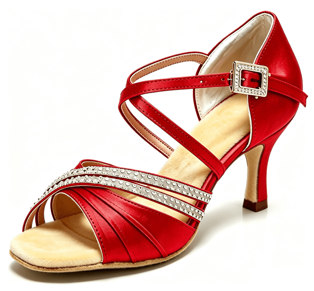 Bulk custom latin ballroom dance footwear with crystal buckle satin upper