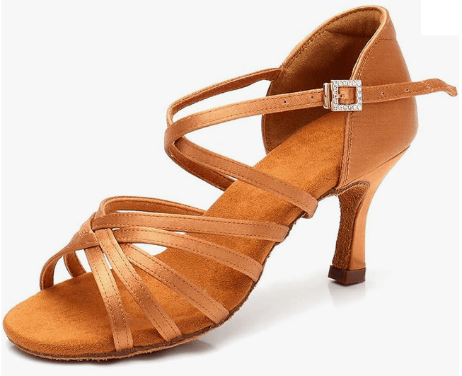 Wholesale tan satin latin dance shoes, crisscross straps with rhinestone buckle, suede sole bulk supply for dance studios