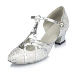 silver glitter t strap ballroom dance shoes closed toe cuban heel