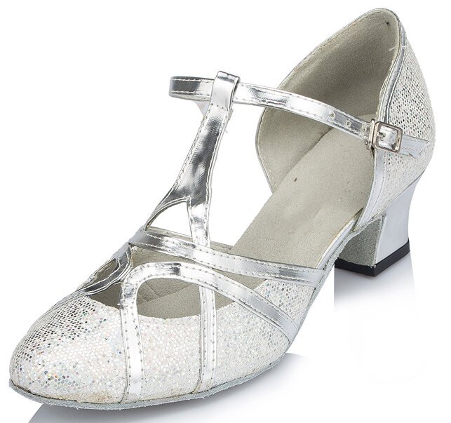 silver glitter t strap ballroom dance shoes closed toe cuban heel